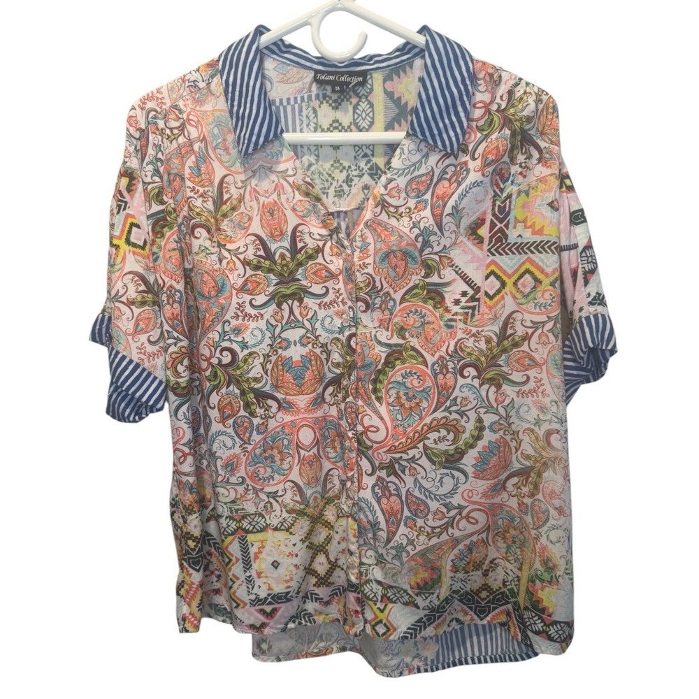 Tolani Collection Celia Mixed Print Blue Paisley Viscose Top M Resortwear